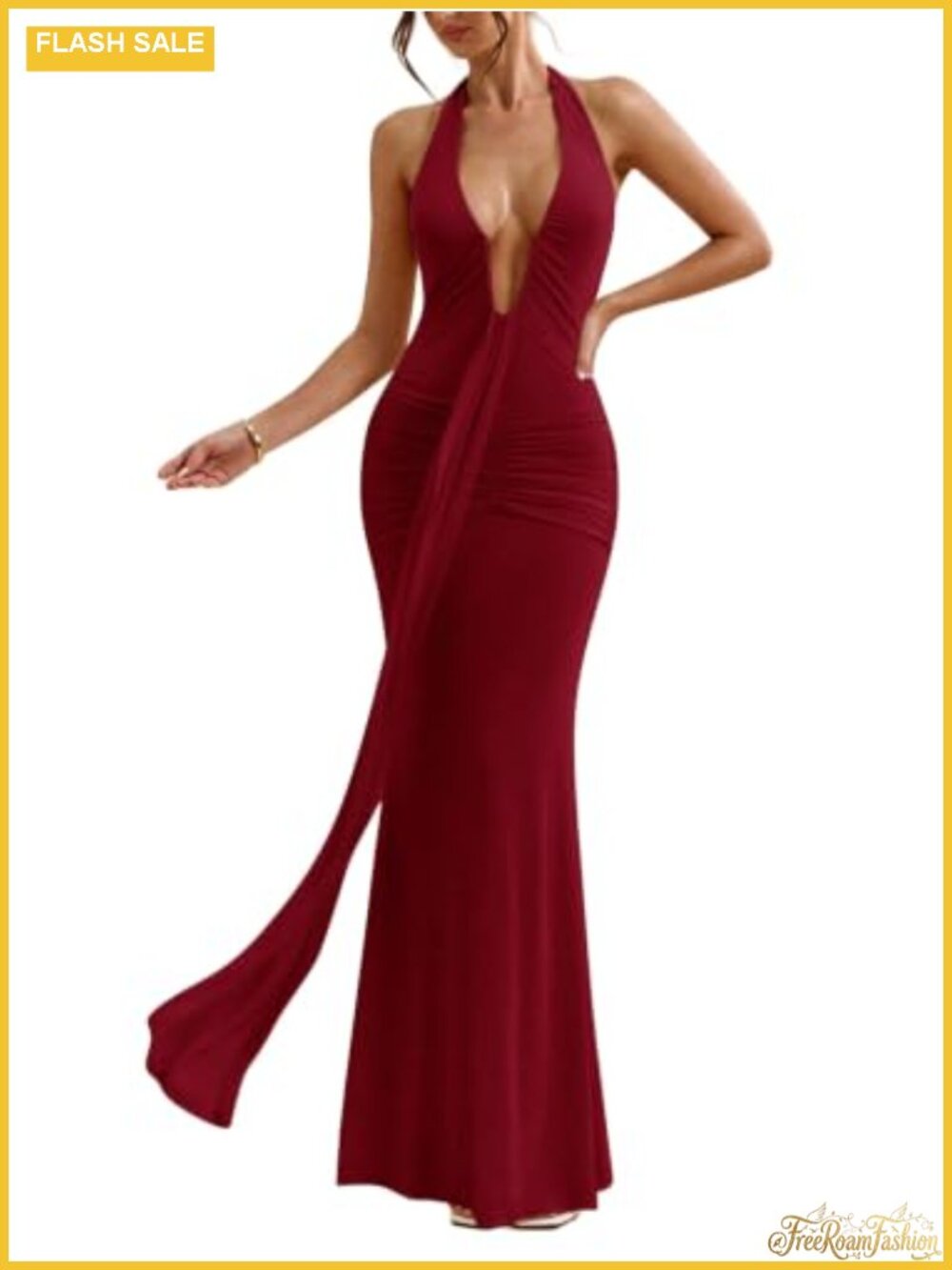 Backless Halter Maxi Dress Ruched Bodycon Long Formal Party